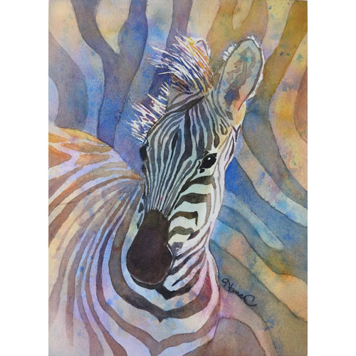 Colorful, impressionistic watercolor painting of the head of a young zebra in gold, blue and lavender. 