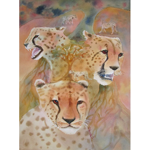 Three facial views of a cheetah surrounded by tree and root shapes in golds, oranges, browns and blues