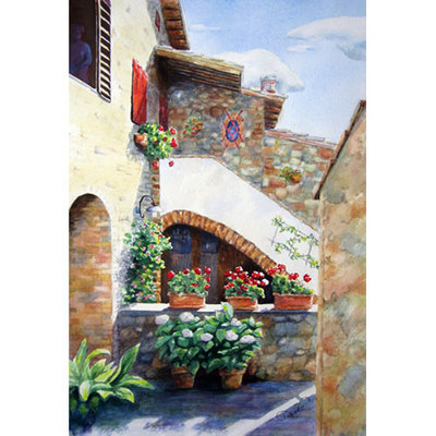 Painting of an enclosed Italian courtyard with potted flowers, staircase, stone walls, an arched doorway and interesting windows.