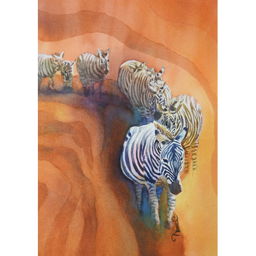 Graphic watercolor painting of a line of zebras walking in a sinuous line, mostly in orange colors.