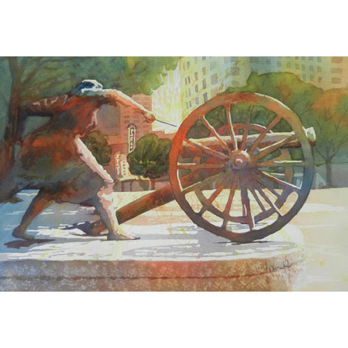watercolor painting of statue showing Angelina Eberly firing a cannon on Congress Ave. in Austin, Texas in red, green and blue. 